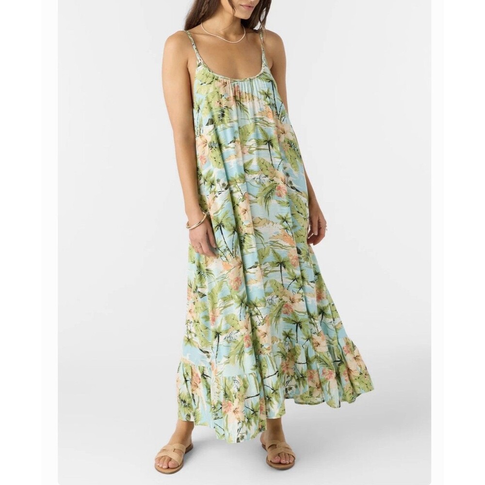 O’Neill Gabriela Maxi Dress Sz L Tropical Palm Floral Boho Beach Sun Dress Blue